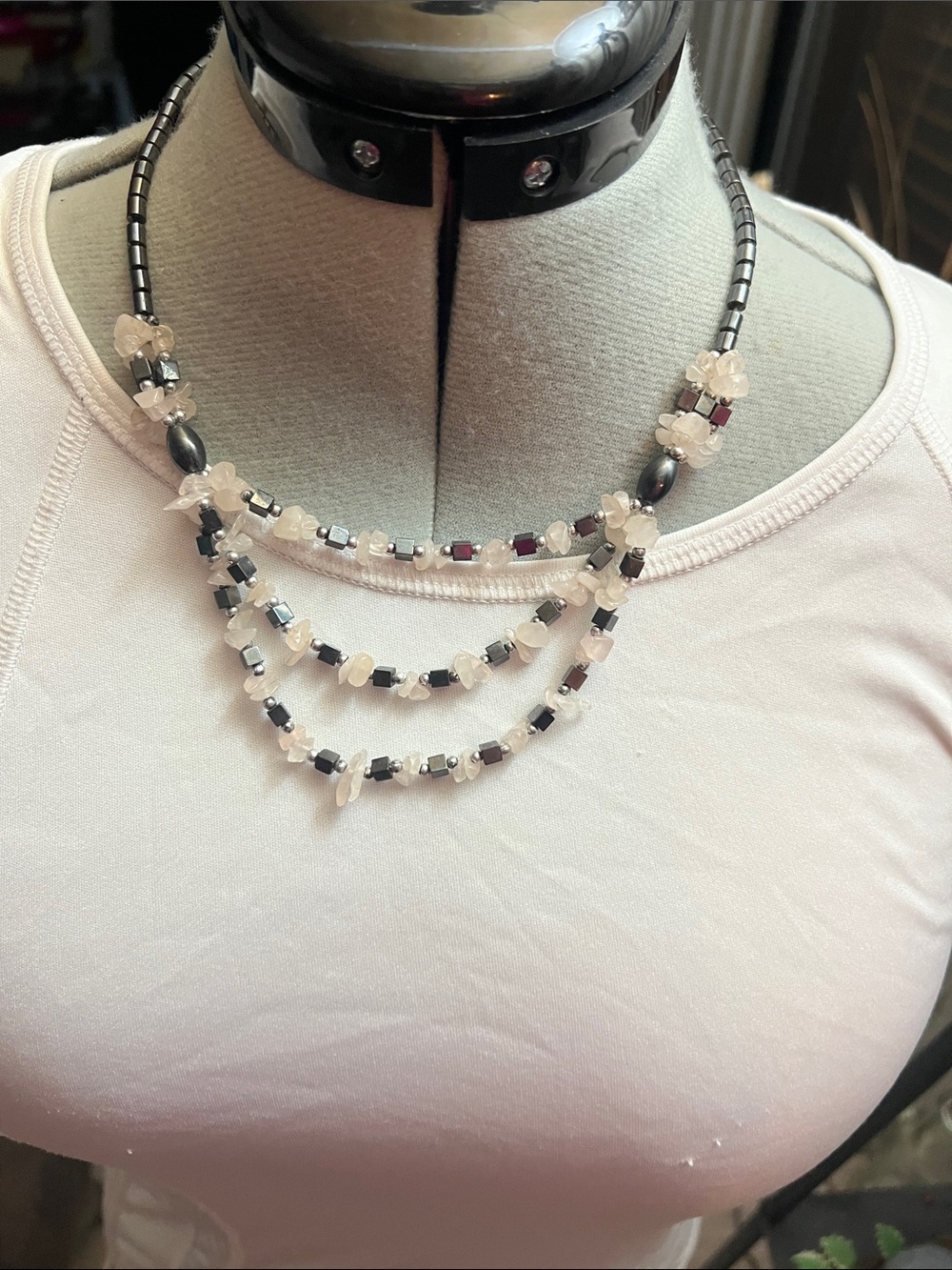 Layered Rose Quartz and Hematite Bead Necklace - Pink and Silver